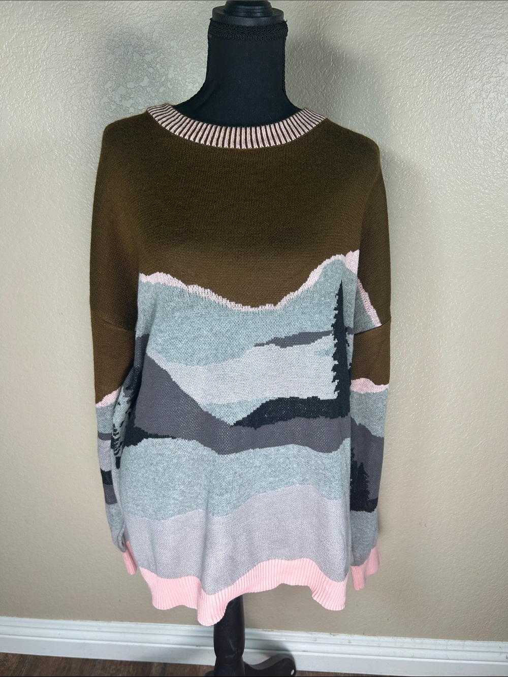Urban Outfitters Men’s Knit Sweater Multicolor Graphic Landscape Pink Trim